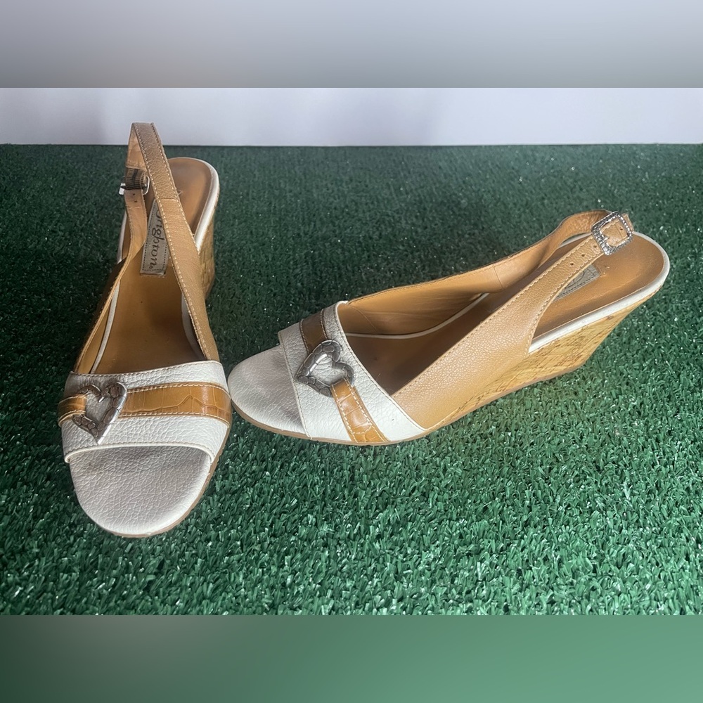 Brighton White and Tan Wedge Slingback Sandals with Heart Accent